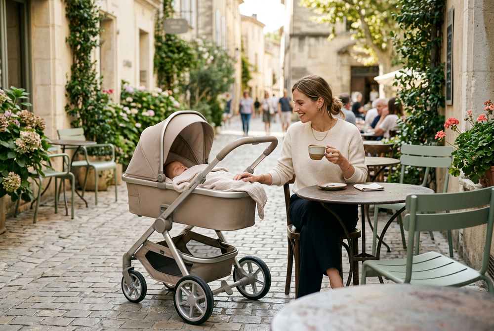 Parent and stroller at an outdoor café